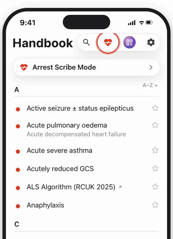 Arrest Scribe Mode opened from the Handbook: the cycle clock running, a shock and drugs logged, the reversible causes ticked off as they are reviewed