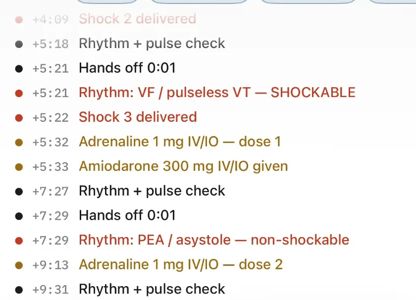 The log: each rhythm check, hands-off time, shock and drug with the time since the start
